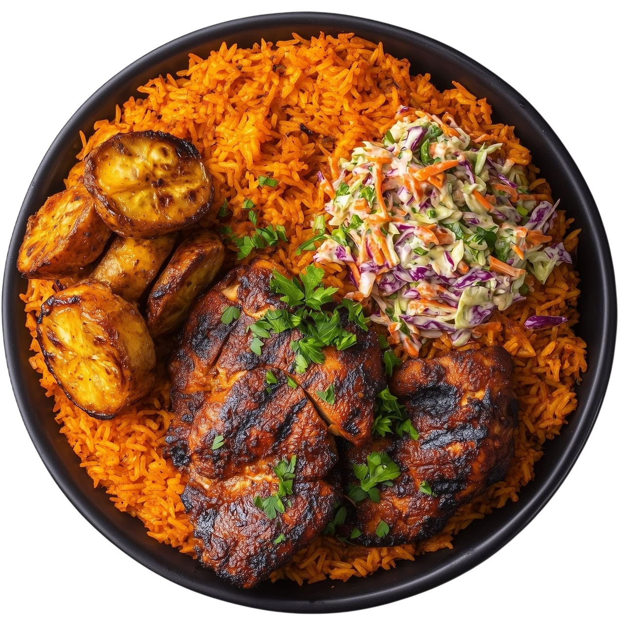 Jollof rice served with grilled chicken, fried plantain and fresh coleslaw